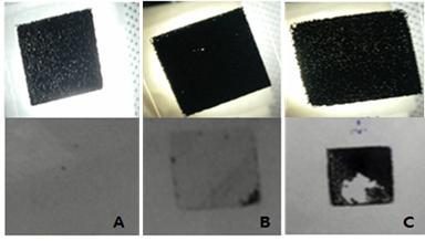 카본전극의 인쇄 상태 (상) 및 접착력 테스트 후 테이프 상태 (하) (A) 바인더 양 5.5g, (B) 3g, (C) 2g