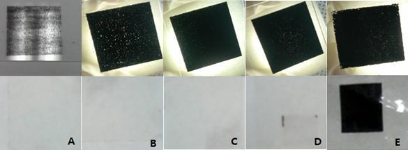 카본전극의 인쇄 상태 (상) 및 접착력 테스트 후 테이프 상태 (하) (A) 분산제 첨가량 0,5 g, (B) 1.0 g, (C) 1.5 g, (D) 2.0 g, (E) 3.0 g