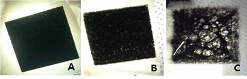 용매 양에 따른 전극의 인쇄 상태 (A) 용매 양 0.8g, (B) 1.2g, (C) 2.0g