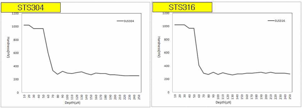 질화처리된 SUS304, 316 시편의 단면경도 profile