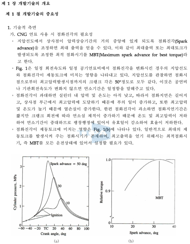 점화시기(과도진각 50°, MBT Timing 30°, 점화지각 10°에 따른 실린더 압력,