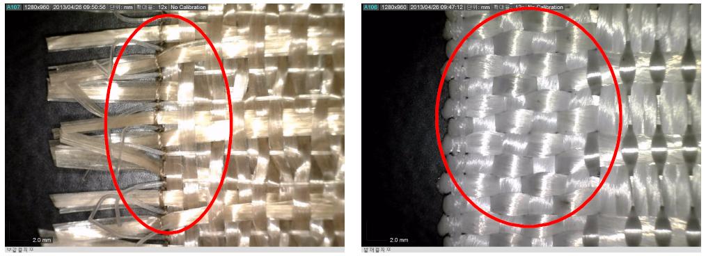 일반적인 변부 처리(좌)와 개선된 고강도 직물 변부처리(우) 비교