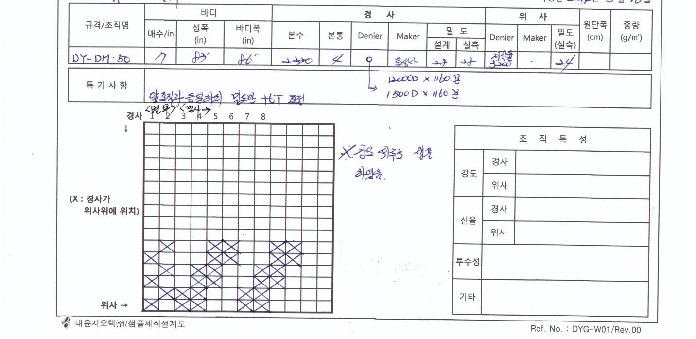 바디 매수 8.8매 및 섬도를 달리한 이중 경사빔 조직 설계도(DY-DM-50)