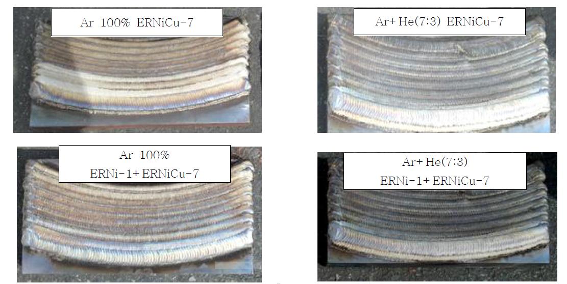 용접조건별 Auto-MIG 용접 시험편 사진