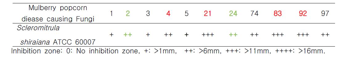 Antifungal activities against S. shiraiana by isolated bacteria(BBG-2, 4, 21, 24, 74, 83, 92, 97).