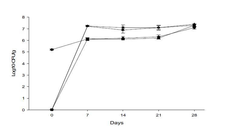 Environmental adaptability of Bacilllus subtilis BBG-83 at the soil of mulberry field.●:Sterilization and one inoculation,