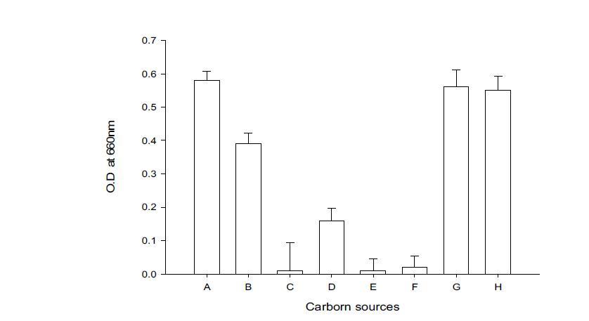 Effect of carbon sources to the growth of Bacilllus subtilis BBG-83.