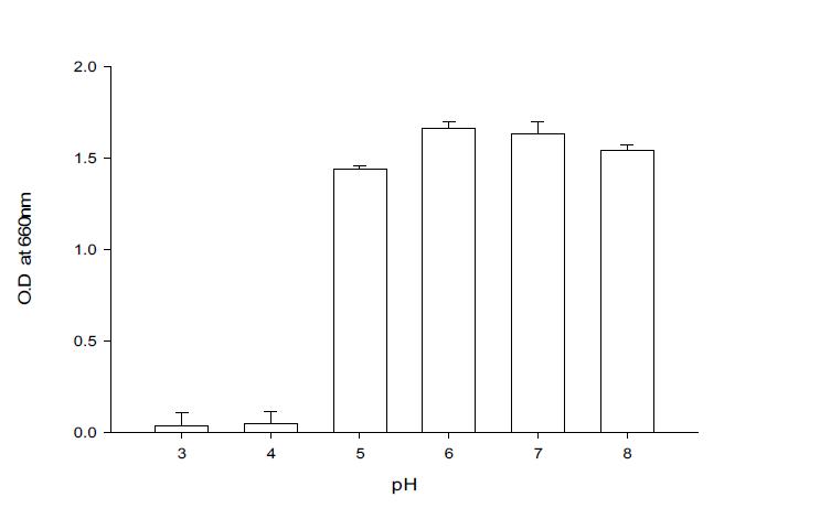 Effect of pH to the growth of Bacilllus subtilis BBG-83.