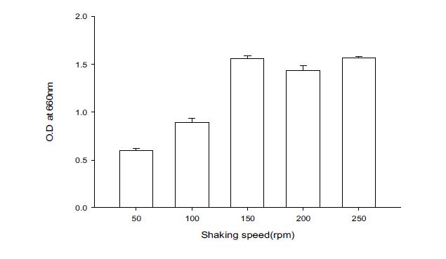 Effect of shaking speed to the growth of Bacilllus subtilis BBG-83.