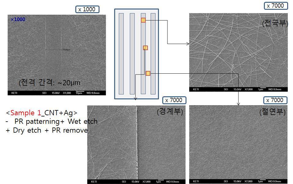 CNT 복합 투명전극 필름 dry/wet 에칭 패턴 구조 (2차년도)