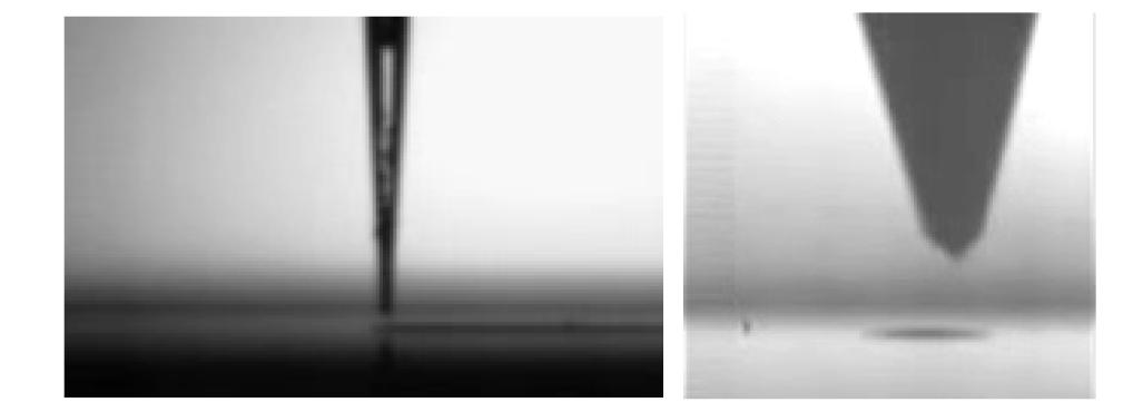 정전기력 방식에 의한 CNT 잉크의 토출(좌:단분자, 우:고분자)