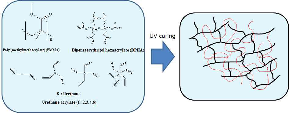 다관능 올리고머를 포함한 임프린팅 코팅수지의 광경화 모식도