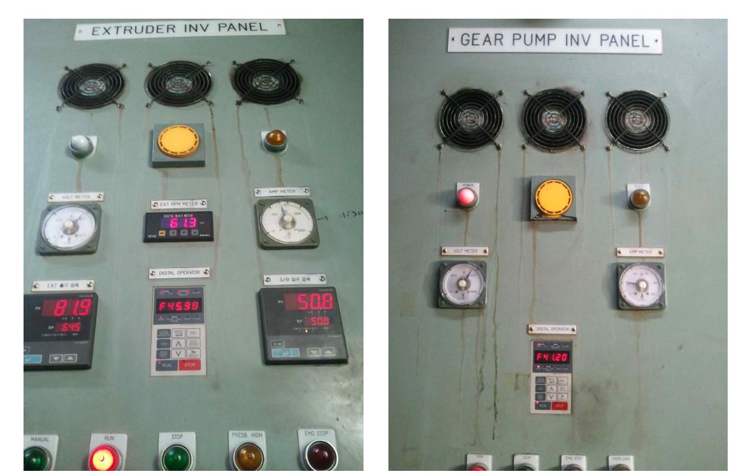 Extruder Control Panel(좌)와 Gear Pump Panel(우)