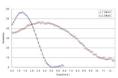 빔에너지에 따른 깊이-선량분포