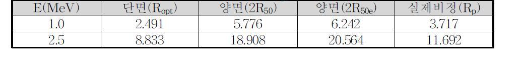 전자빔 에너지별 측정치