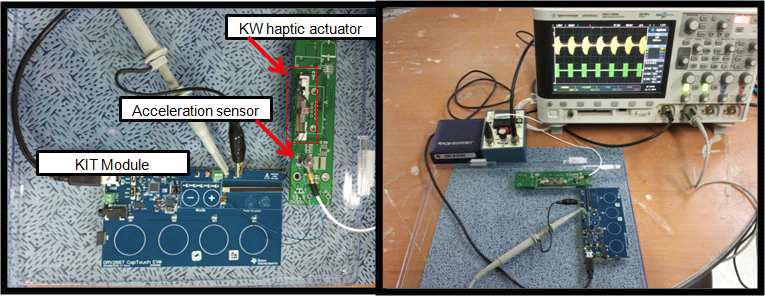 TI 社햅틱 Kit board& PCB社가속도 센서를 이용한 좌굴형 벤더 액추에이터 가속도 측정 실험 장치