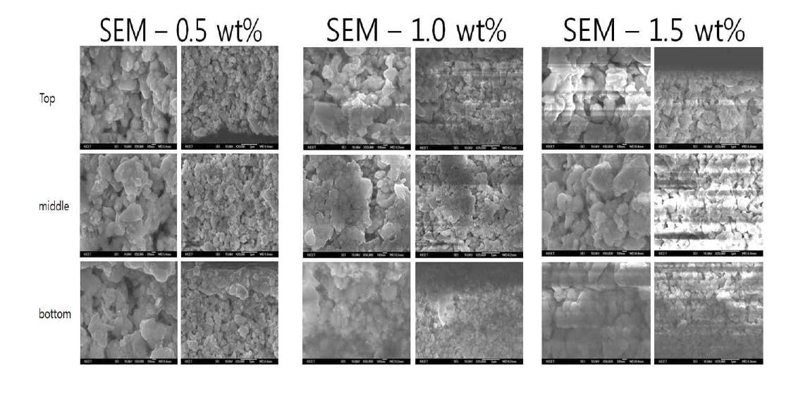 분산제 함량에 따른 그린시트 SEM 이미지
