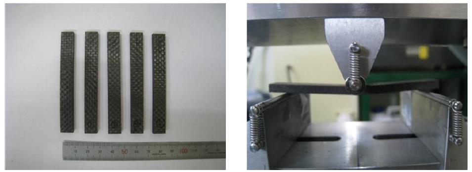 CFRP 굽힘시험 시험편 및 시험분석 장면 사진.