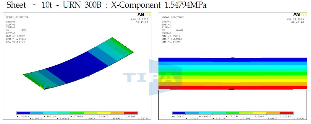 Sheet 형태 (10t, URN 300B)의 X-Component of Stress.