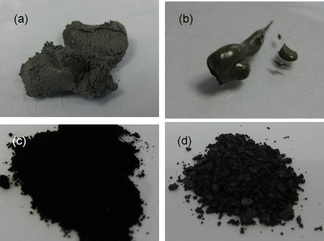 실험 적용 칩 접합 재료 : (a) SnBiAg계 솔더크림, (b) AuSn계 솔더크림,(c) SWCNT, (d) graphene