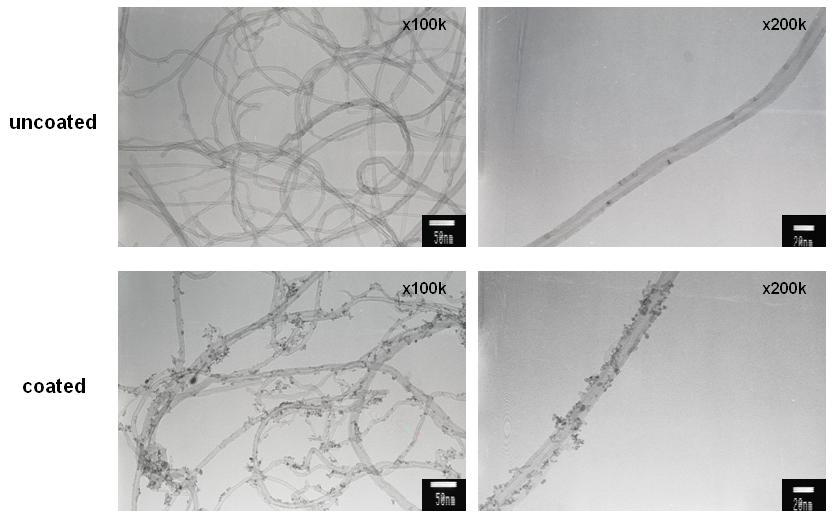 MWCNT의 TEM 사진 : SnO2 uncoated vs. coated