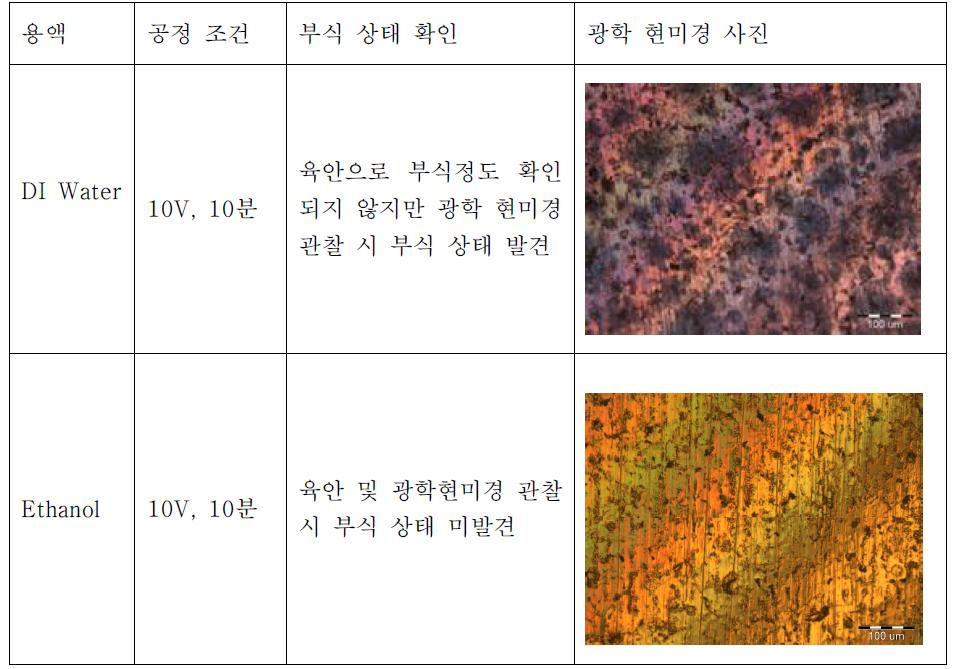 Cu 기판에서 EPD 테스트시 발생하는 부식 상태 검토