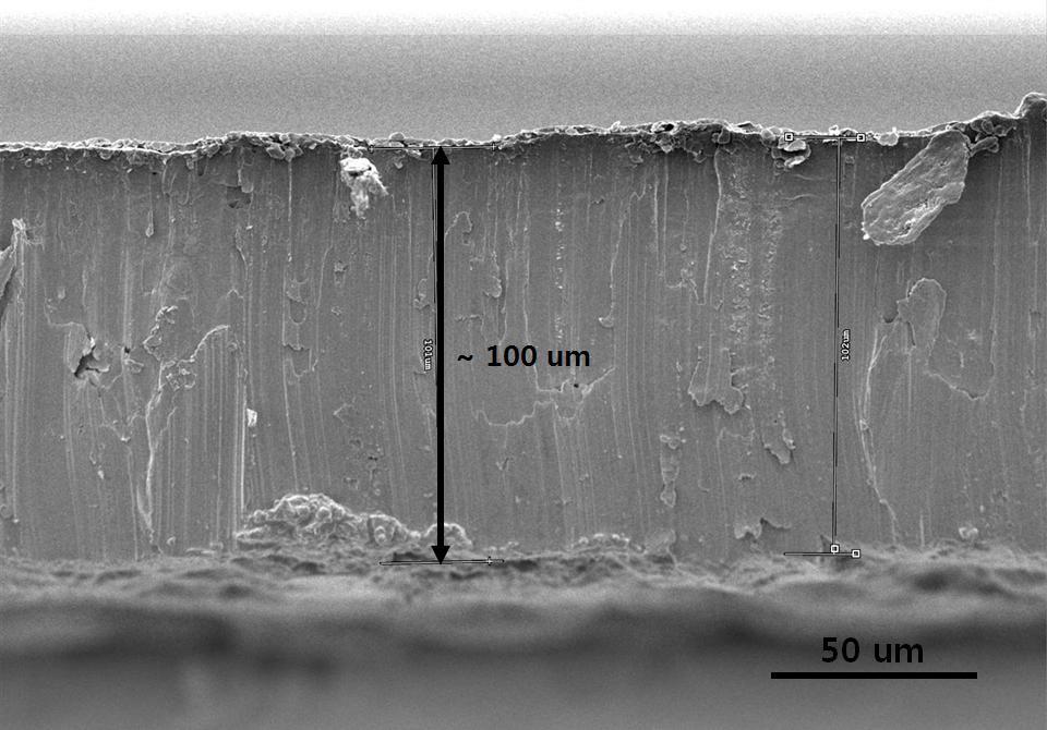 전기 도금 방식으로 제작된 100 마이크론 두께 Cu substrate (SEM 단면)