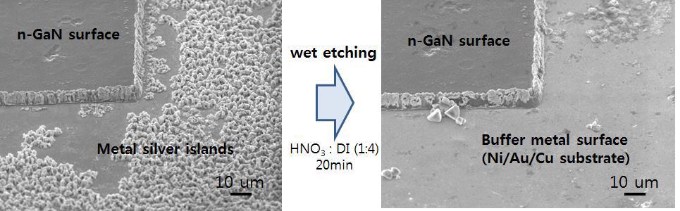 (왼쪽) ICP를 이용한 chip isolation process. (오른쪽) 희석된 질산을 이용하여 silver islands를 제거후 찍은 SEM 이미지