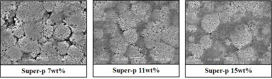 Super-P 함량 별 전극 SEM