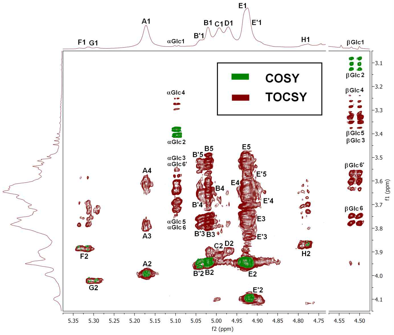 Combined COSY/TOCSY map of R2 at the H1 region.