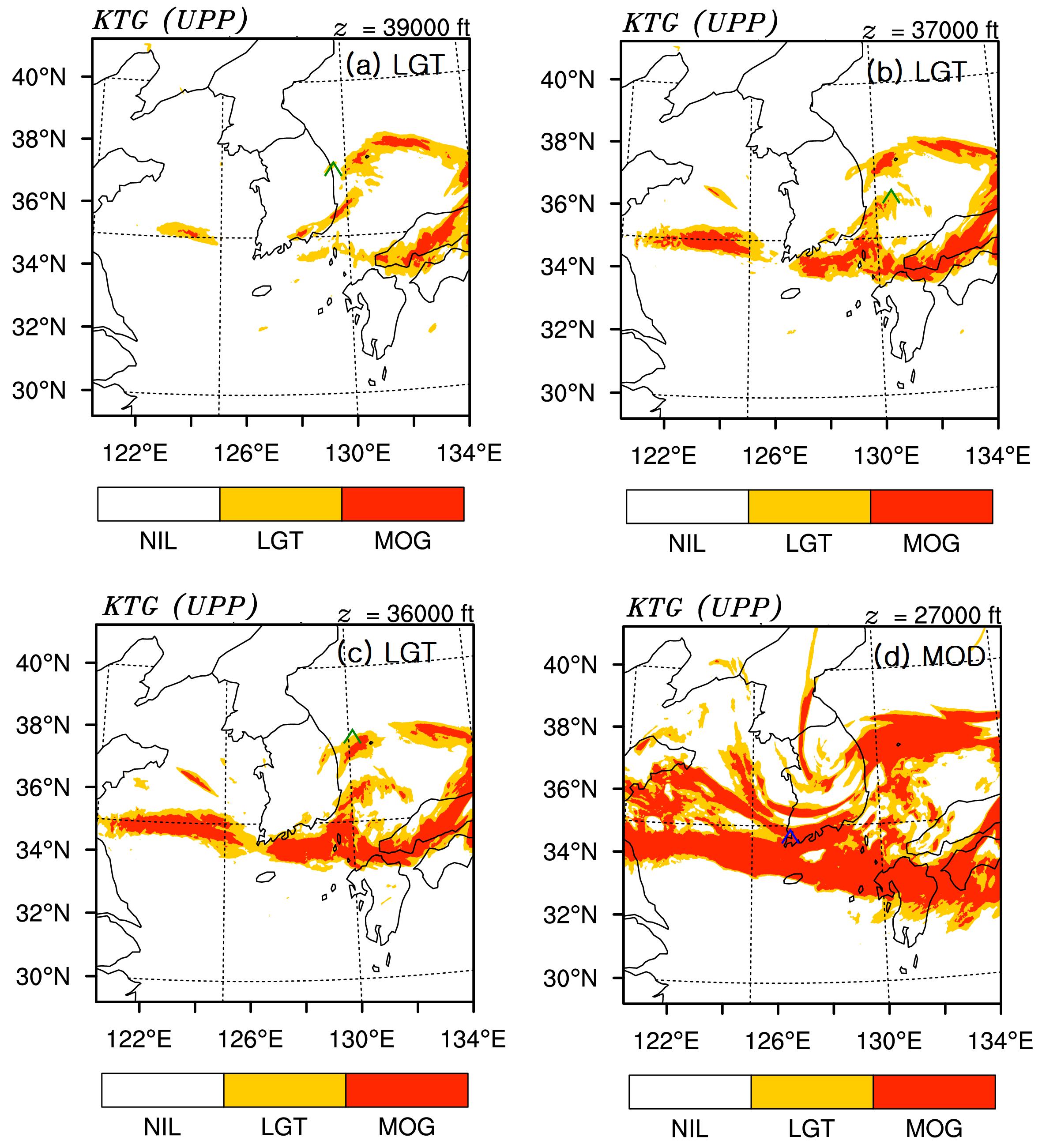 Locations of the turbulence observations over South Korea occurred within ±2hours of 0600UTC on 1 March 2013 superimposed on the turbulence forecasting regions of the KTG at (a) 39000 ft, (b) 37000 ft, (c) 36000 ft, and (d) 27000 ft, at which each turbulence was observed. The intensities of the turbulence observed are written on the upper right corner of the graphs.