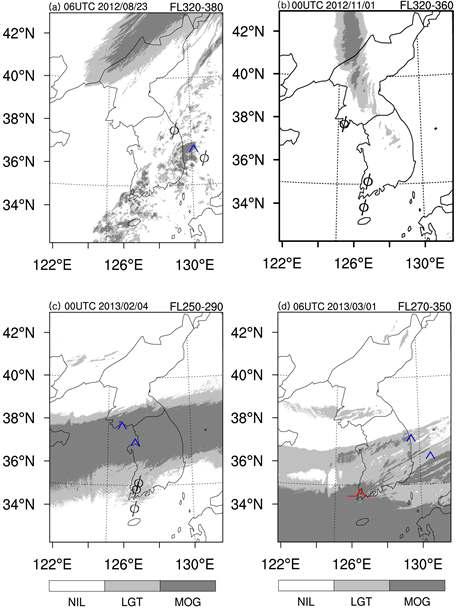 Locations of the PIREP over the Korean Peninsula occurred within ±2 h of (a) 2012.08.23 06UTC, (b) 2012.11.01 00UTC, (c) 2013.02.04 00UTC, and (d) 2013.03.01 06UTC superimposed on the KP-KTG turbulence forecasting region.