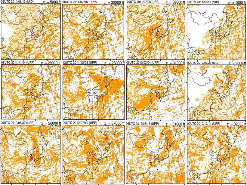 Locations of the icing event over the Korean Peninsula occurred from June 2011 to November 2012 superimposed on the forecasting region of the –8D2 icing algorithm.