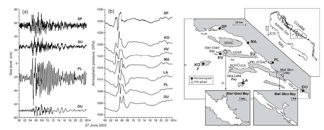 2003년 6월 27일 해수면 변화(a)와 해면기압 변화(b) 및 관측위치