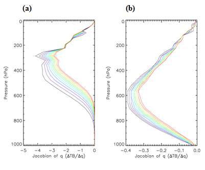 Vertical structures of water vapor jacobians for (a) channel 190 (1392.50 cm-1) and (b) channel 281 (2008.50 cm-1)