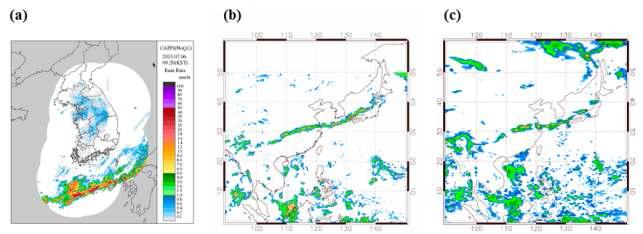 Rain rate (mm/hour) for (a) radar observation, (b) TRMM retrieval, and (c) Unified Model on 00 UTC 6 July 2013.