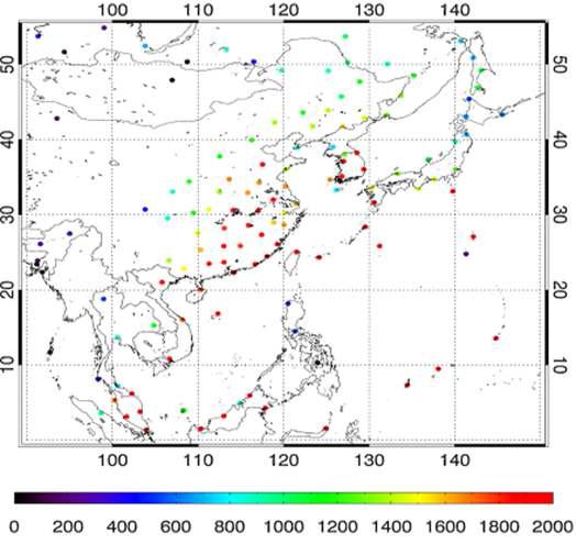 Radiosonde stations used for constructing the collocated data. The color scale given at each station represents the number of IASI-raobs matchups.