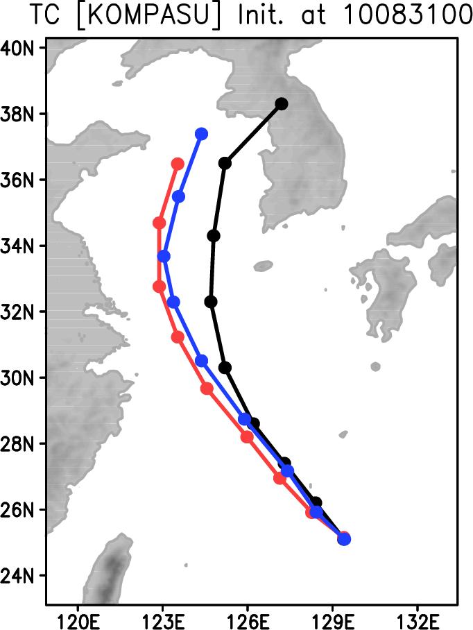 2010년 7호 태풍 곤파스의 8월 31일 00시(UTC)에 초기화되어 48시간 동안 모의된 태풍 진로. 검은 선은 RSMC Tokyo로부터 보고된 관측된 태풍의 중심을, 붉은