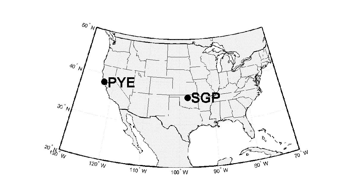 The locations of Southern Great Plains (SGP) and Pt. Reyes (PYE) in the United States.