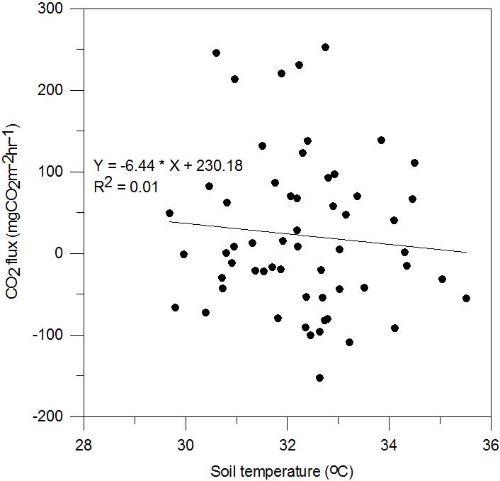 함평만 조간대에서 공간분포 관측 자료의 지온에 대한 CO2 플럭스 회귀함수.