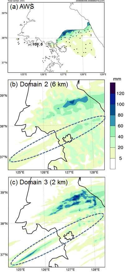 Distribution of accumulated rainfall amount from (a) AWS, (b) 6-km domain, and (c) 2-km domain during 06 KST－16 KST 2 August 2008.