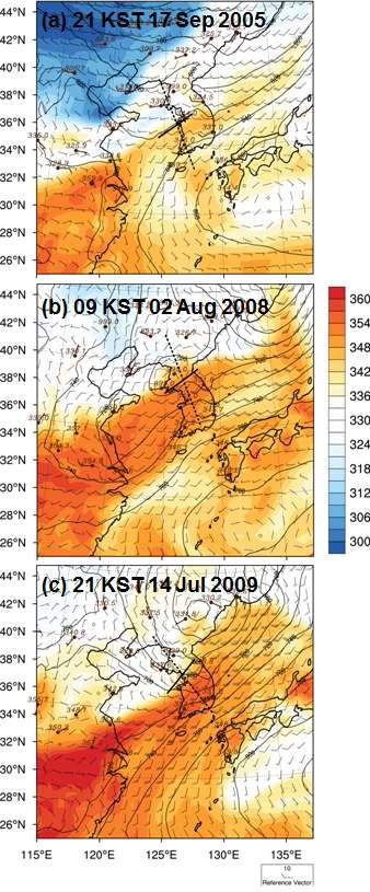 Geopotential height (gpm, solid lines), equivalent potential temperature (K, shade), and winds (m s-1, barb) at 925 hPa for (a) 21 KST 17 September 2005, (b) 09 KST 2 August 2008, and (c) 21 KST 14 July 2009.