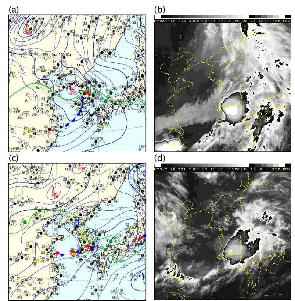 Surface weather chart and enhanced IR images for (a, b) 1800 KST 22 August 2008 and (c, d) 0900 KST 26 July 2009.