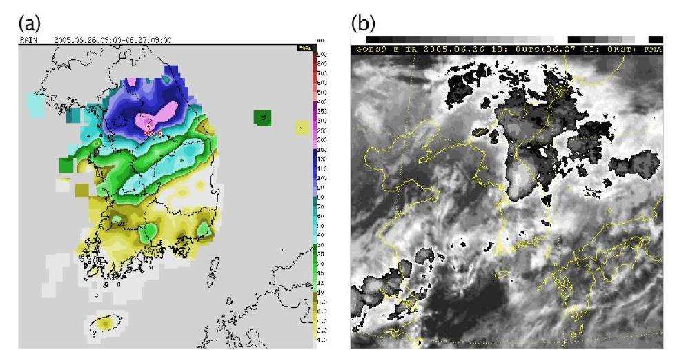 (a) 24-h accumulated rainfall amount (mm) for 0900 KST 26 – 0900 KST 27 June 2005. (b) Enhanced satellite images for 0300 KST 27 June 2005.