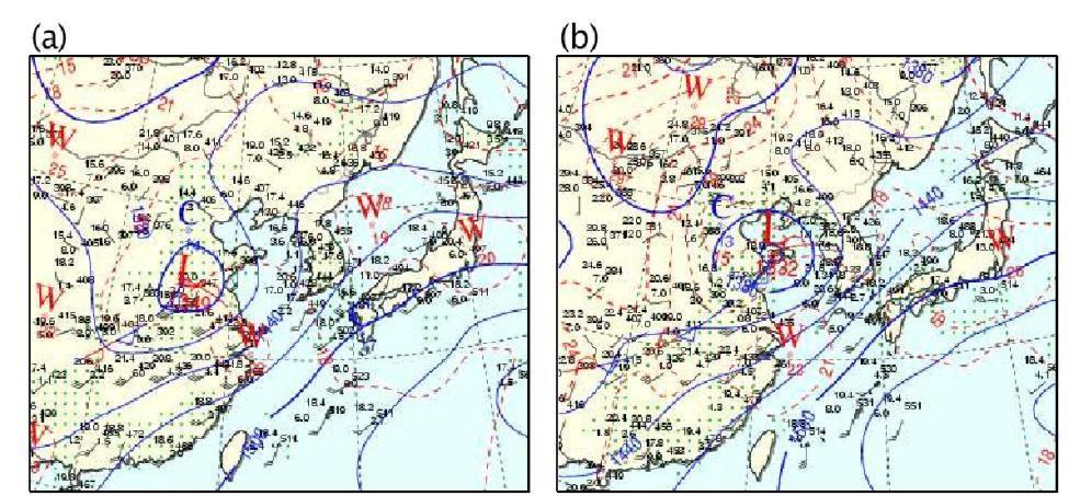 850-hPa weather charts for (a) 0900 KST, and (b) 2100 KST 26 June 2005.