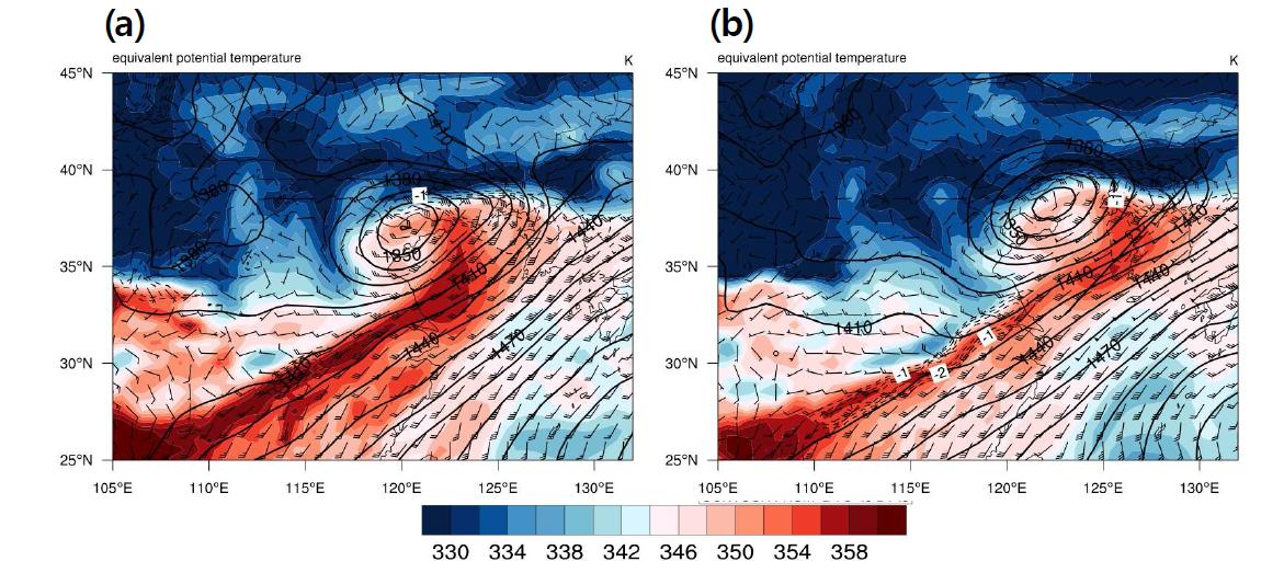 Geopotential height (m, solid lines), equivalent potential temperature (K, shaded), and wind barb at 850 hPa for (a) 2100 KST 26, (b) 0300 KST 27 June 2005.