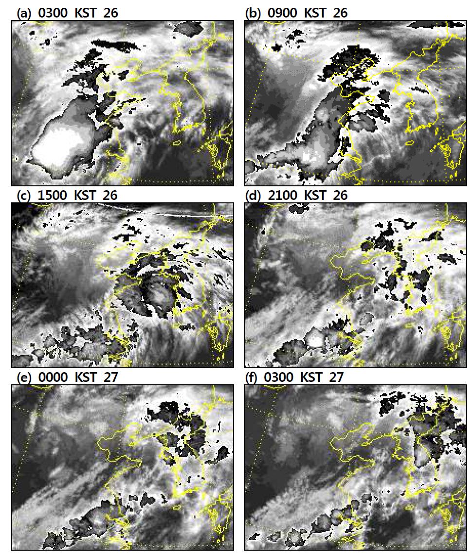 Enhanced satellite images for 0300 KST 26 – 0300 KST 27 June 2005.