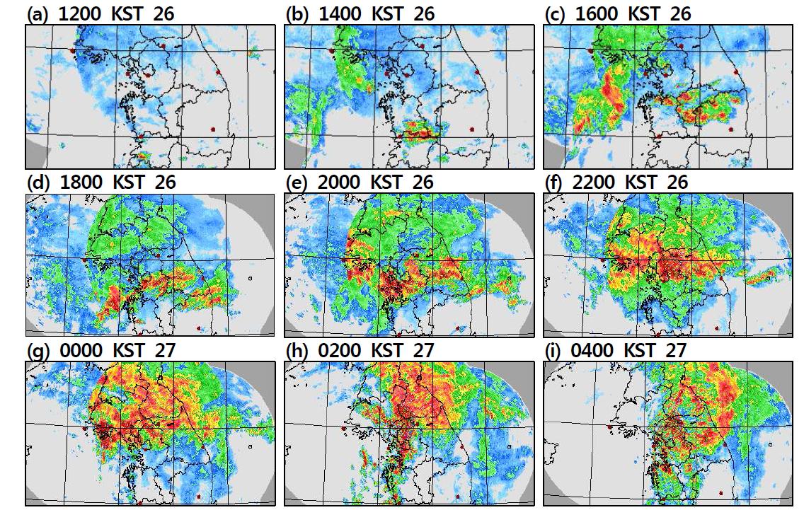 Composite radar reflectivity for 1200 KST 26 - 0400 KST 27 June 2005.