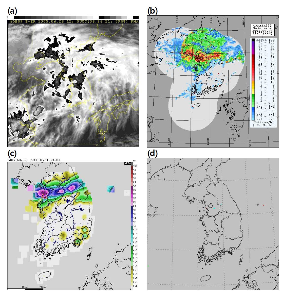 (a) Enhanced satellite images, (b) composite radar reflectivity, (c) 1-h accumulated rainfall amount, and (d) 1-h accumulated lightening frequency for 2100 KST 26 June 2005.