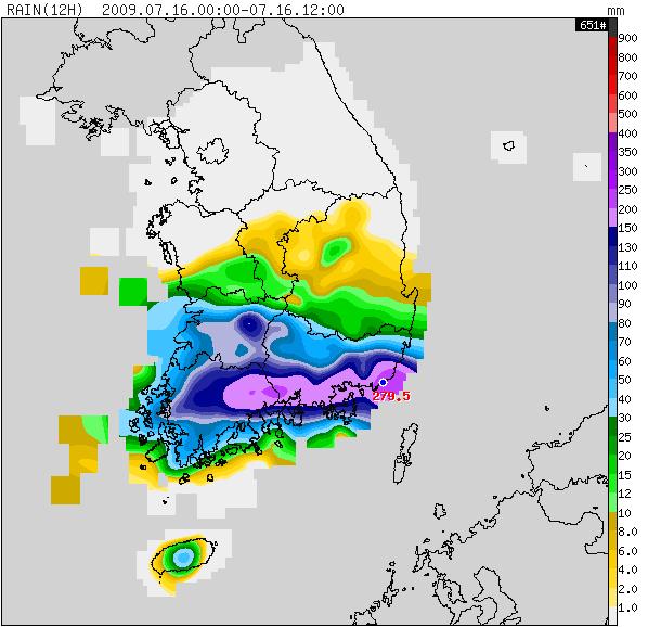 12-h accumulated rainfall amount (mm) for 00 KST – 12 KST 16 July 2009.